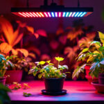 A photograph of a well-lit indoor gardening setup featuring vibrant plants under an led grow light