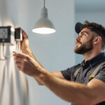A photograph of a skilled electrician or lighting contractor installing or adjusting leviton lighting products in a modern residential or commercial setting
