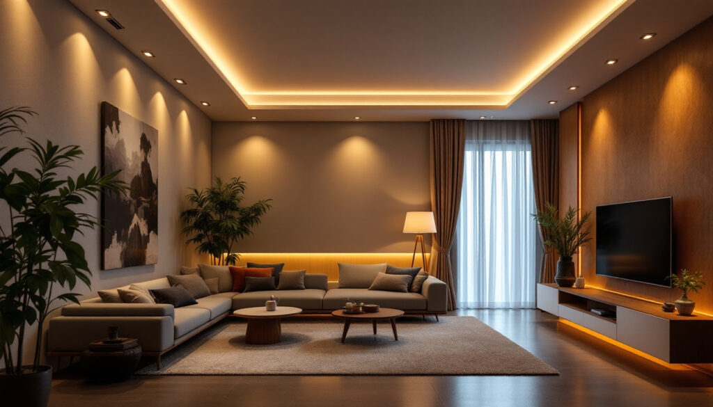 A photograph of a well-designed room featuring recessed lighting