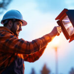 A photograph of a skilled lighting contractor expertly installing or adjusting floodlights in an outdoor setting
