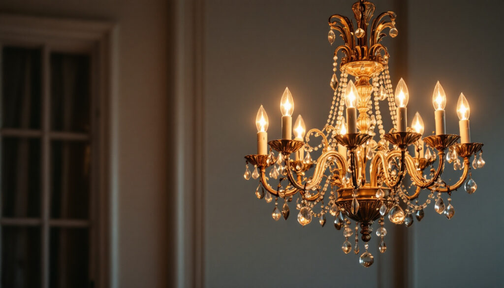 A photograph of a beautifully designed chandelier in an elegantly lit room
