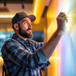 A photograph of a skilled lighting contractor expertly installing vibrant led strip lights in a modern interior setting