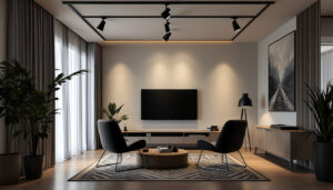 A photograph of a well-designed track lighting installation in a modern interior space