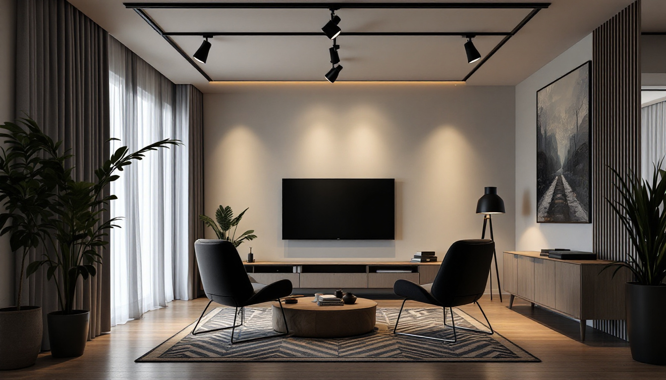 A photograph of a well-designed track lighting installation in a modern interior space