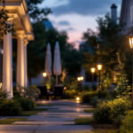 A photograph of a beautifully illuminated outdoor space featuring various styles of post lights