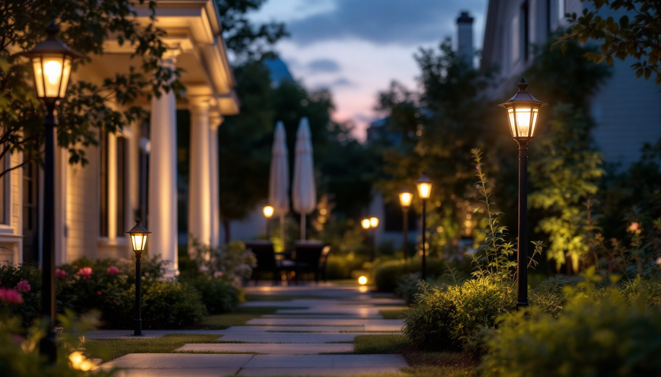 A photograph of a beautifully illuminated outdoor space featuring various styles of post lights