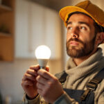 A photograph of a lighting contractor in action