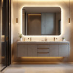 A photograph of a beautifully designed bathroom featuring elegant vanity lights that highlight the space