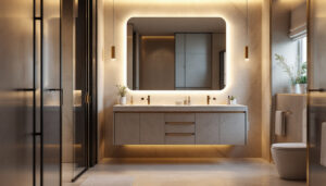 A photograph of a beautifully designed bathroom featuring elegant vanity lights that highlight the space