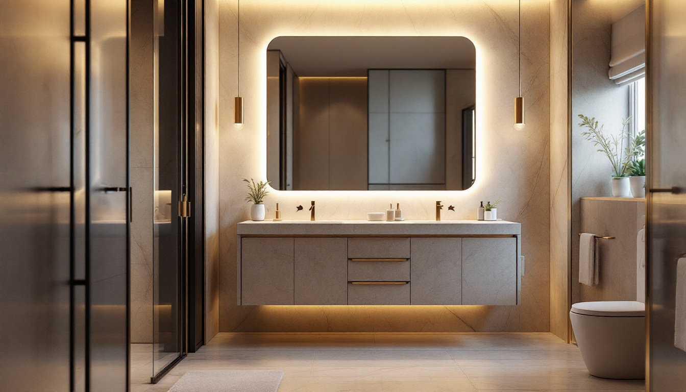 A photograph of a beautifully designed bathroom featuring elegant vanity lights that highlight the space