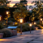 A photograph of a beautifully illuminated outdoor space featuring various styles of solar lighting fixtures
