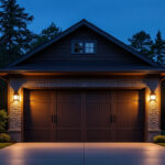 A photograph of a well-lit outdoor garage showcasing various styles of outdoor garage lights in use