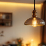 A photograph of a stylish hanging lamp in a beautifully lit interior setting