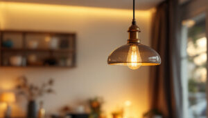 A photograph of a stylish hanging lamp in a beautifully lit interior setting