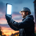 A photograph of a lighting contractor installing or inspecting a modern led streetlight