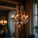 A photograph of a beautifully designed chandelier hanging in an elegantly lit room