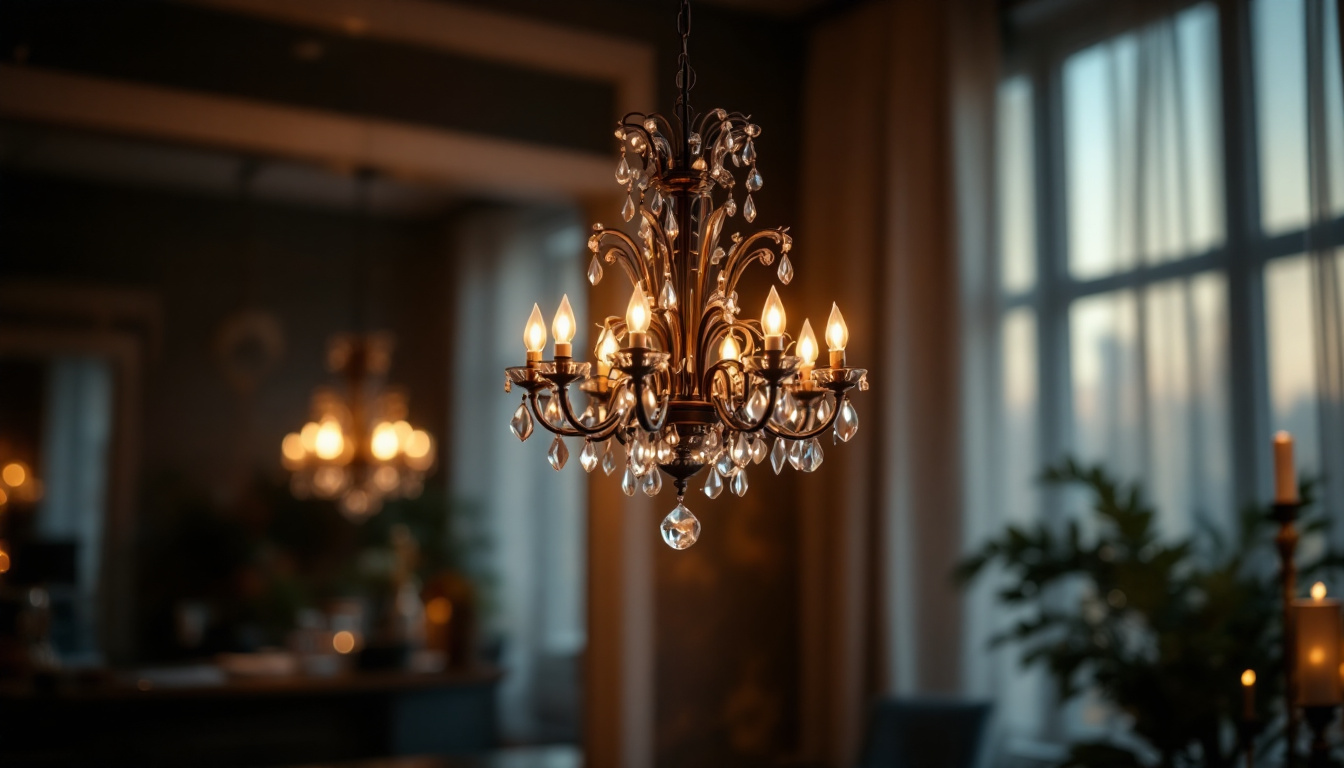 A photograph of a beautifully designed chandelier hanging in an elegantly lit room