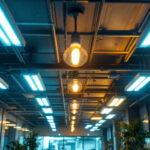A photograph of a well-lit commercial space featuring various types of fluorescent lighting fixtures