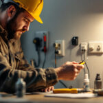 A photograph of a skilled lighting contractor examining various types of electrical outlets in a well-lit workspace