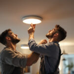 A photograph of a skilled lighting contractor installing recessed lighting in a modern home setting