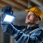 A photograph of a skilled lighting contractor installing or adjusting a work light in a construction or renovation setting
