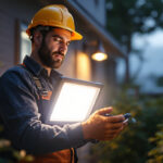 A photograph of a lighting contractor installing or showcasing led flood lights in an outdoor setting