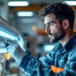 A photograph of a lighting contractor examining a uv light fixture in a well-lit workspace