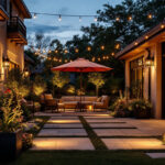 A photograph of a beautifully illuminated outdoor space featuring various types of exterior lighting fixtures