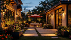 A photograph of a beautifully illuminated outdoor space featuring various types of exterior lighting fixtures