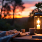 A photograph of a solar lantern illuminating a cozy outdoor setting at dusk