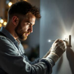 A photograph of a skilled lighting contractor working on a stylish