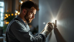A photograph of a skilled lighting contractor working on a stylish