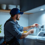A photograph of a skilled lighting contractor inspecting a well-lit dryer outlet in a modern laundry room