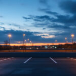 A photograph of a well-lit parking lot at dusk