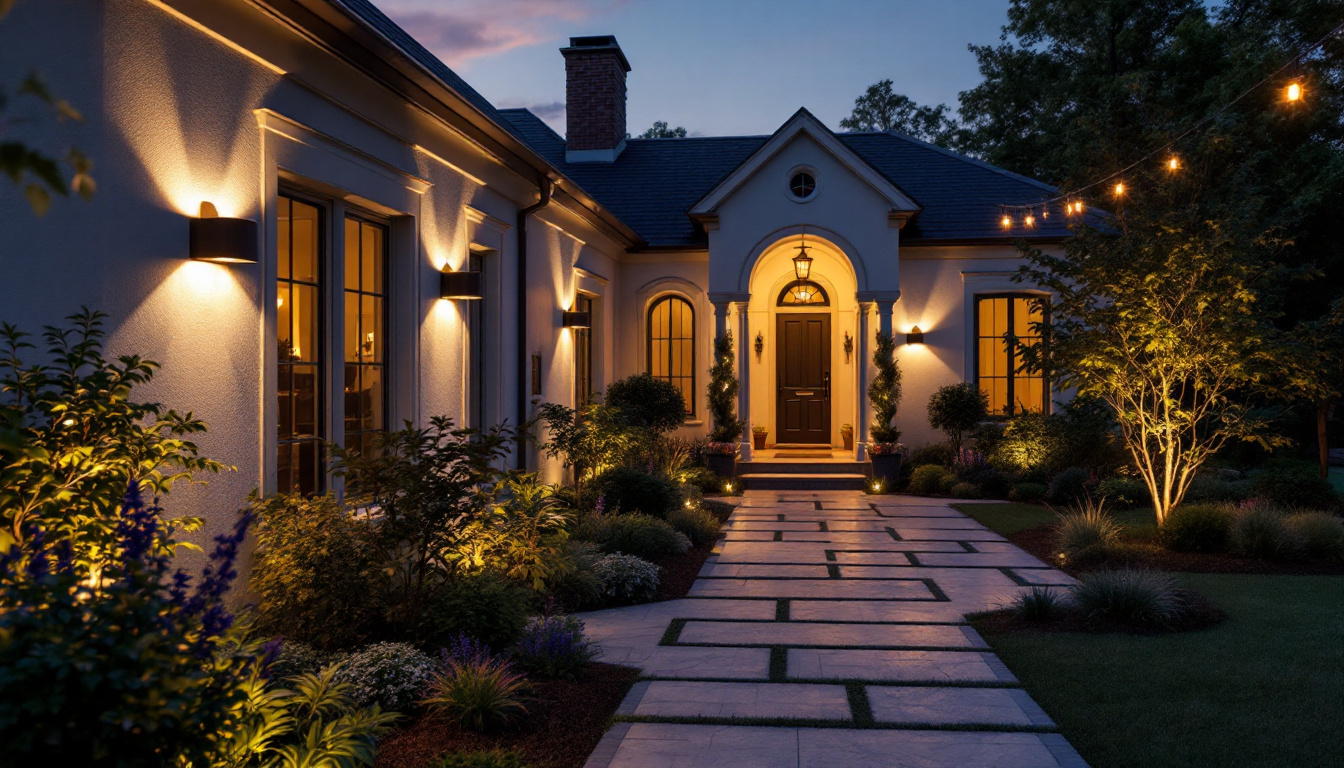 A photograph of a beautifully illuminated outdoor space featuring various styles of outdoor lights