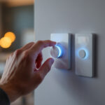 A photograph of a close-up shot of a hand adjusting a modern dimmer switch