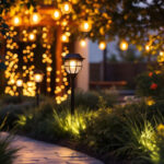 A photograph of a beautifully lit outdoor space featuring various styles of solar lights in use