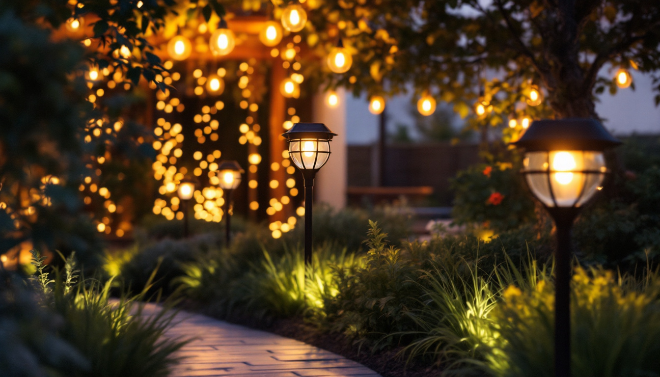 A photograph of a beautifully lit outdoor space featuring various styles of solar lights in use