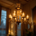 A photograph of a beautifully designed chandelier in an elegantly lit room