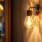 A photograph of a beautifully designed wall sconce illuminated in a stylish interior setting