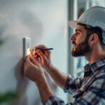 A photograph of a skilled lighting contractor installing or inspecting a modern wall outlet in a well-lit residential setting