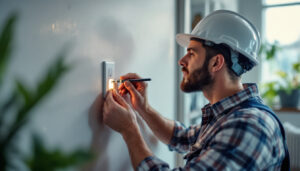A photograph of a skilled lighting contractor installing or inspecting a modern wall outlet in a well-lit residential setting