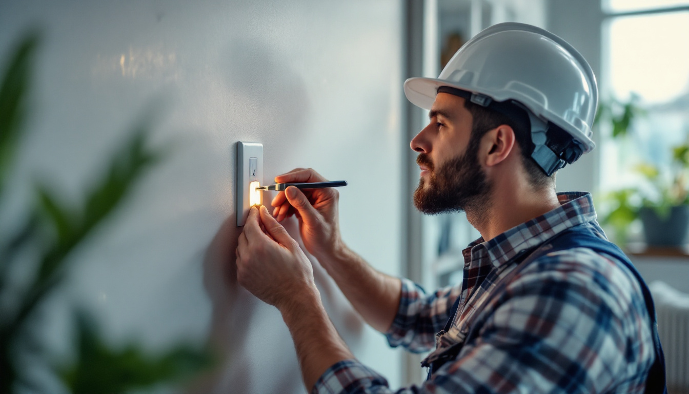 A photograph of a skilled lighting contractor installing or inspecting a modern wall outlet in a well-lit residential setting
