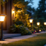 A photograph of a well-lit outdoor space showcasing various solar lights in use