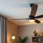 A photograph of a stylish ceiling fan installed in a modern living space