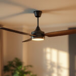 A photograph of a stylish ceiling fan installed in a well-lit