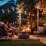 A photograph of a beautifully arranged outdoor setting illuminated by warm