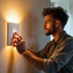 A photograph of a skilled lighting contractor installing a modern led dimmer switch in a stylish home setting
