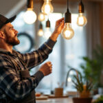 A photograph of a lighting contractor expertly installing various types of lightbulbs in a modern home setting
