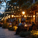 A photograph of a beautifully illuminated outdoor space featuring stylish post lights
